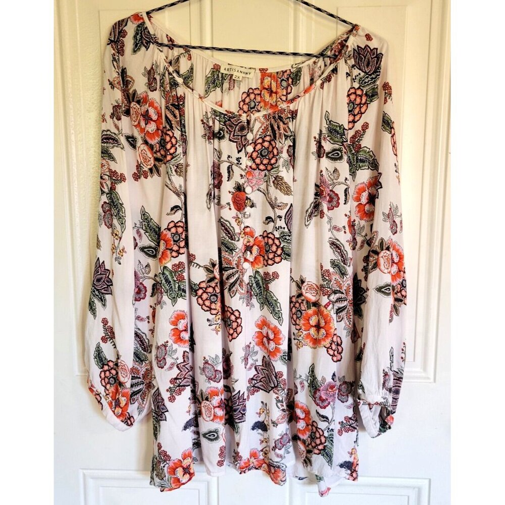 Artisan NY Womens Size 2X Boho Fall Tunic Top V-Neck 3/4 Sleeve Floral Pattern